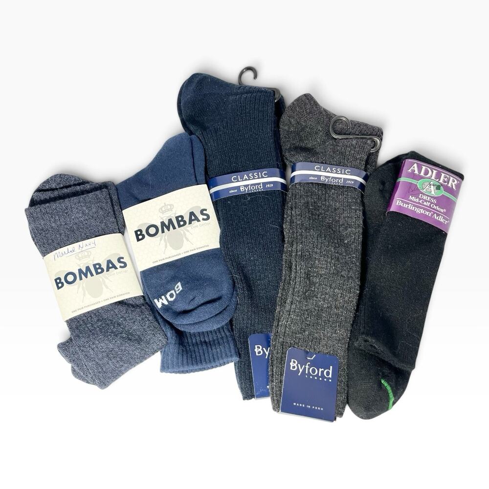 5 New Mens Long Crew Length Dress Socks, Byford Bombas Adler, Navy Blue Black